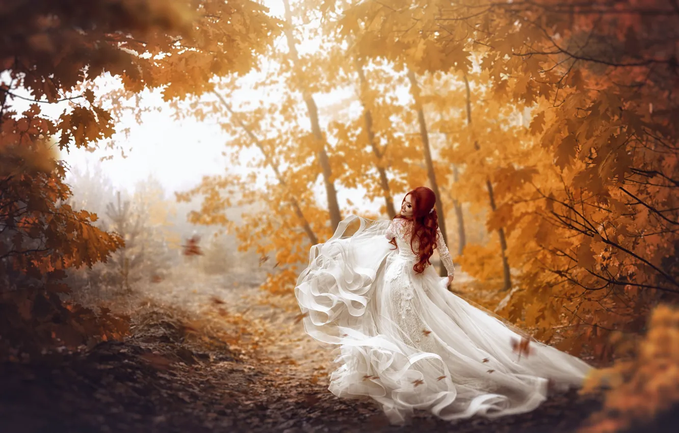 Photo wallpaper autumn, girl, photo, foliage, dress, red, the bride, Ekaterina Skorobogatova