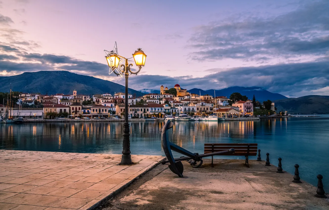 Photo wallpaper sea, mountains, bench, building, home, the evening, Greece, lantern