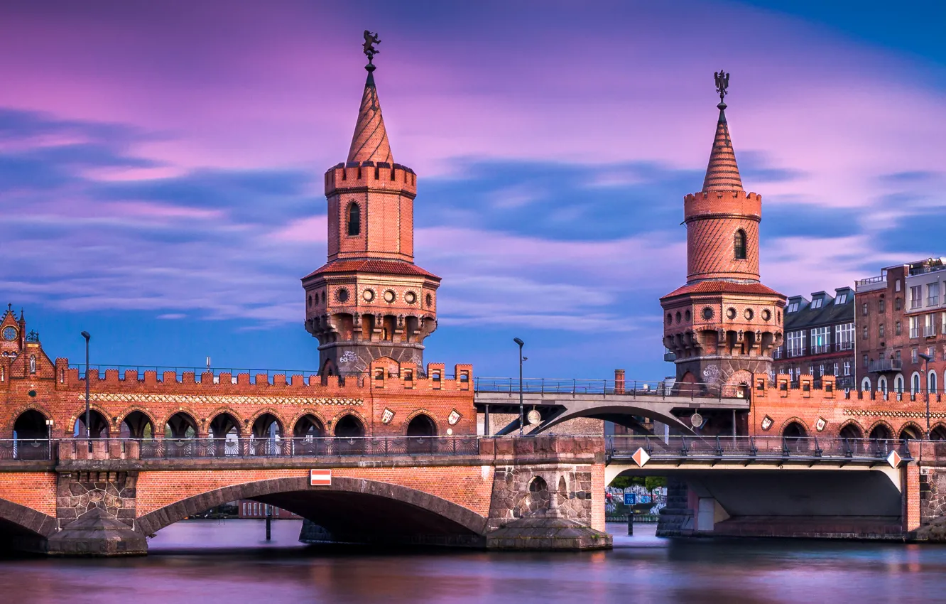 Photo wallpaper bridge, river, the evening, Germany, Berlin, turret, Spree, The upper tree bridge