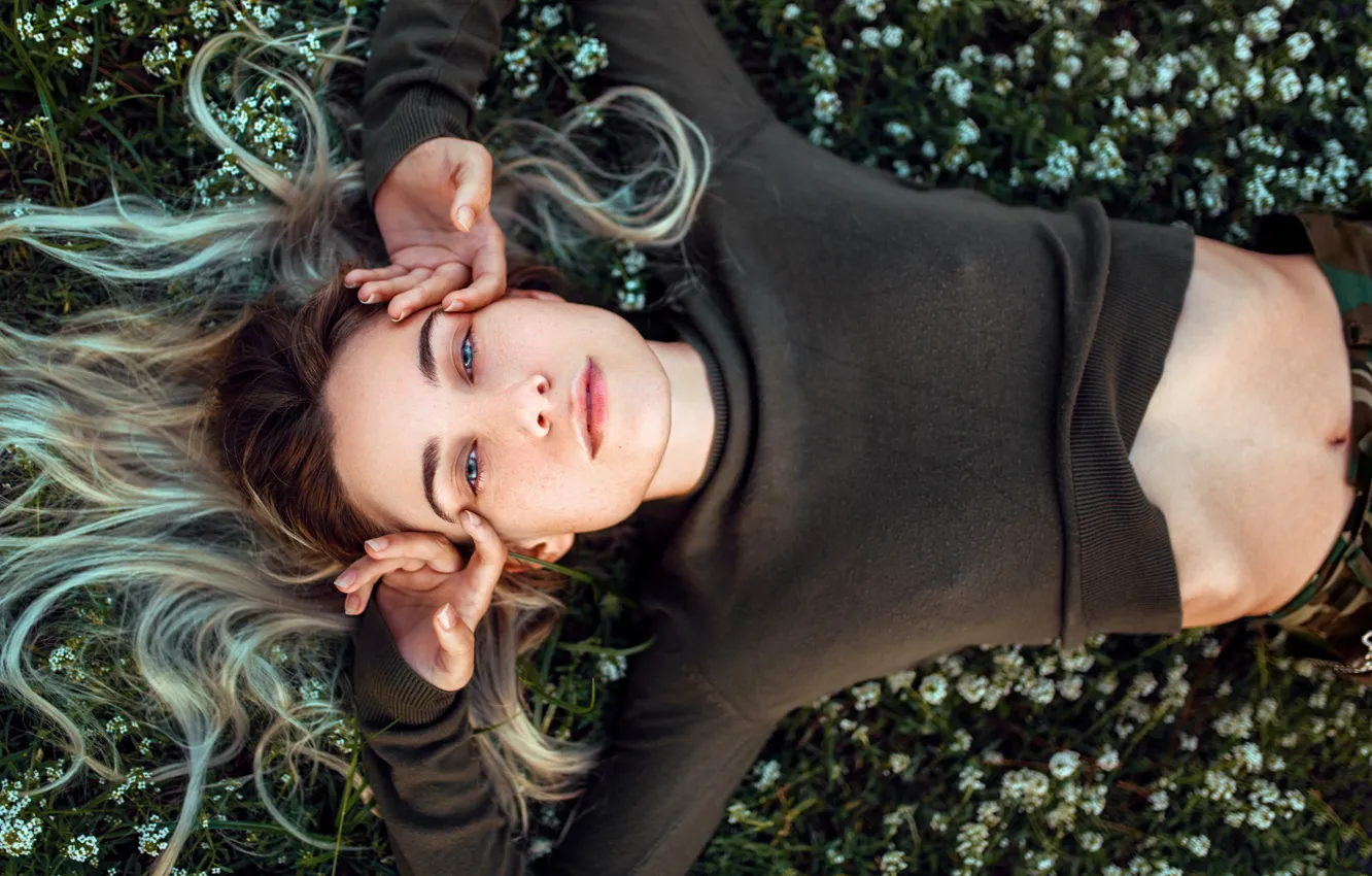 Photo wallpaper look, girl, flowers, pose, model, portrait, hands, makeup