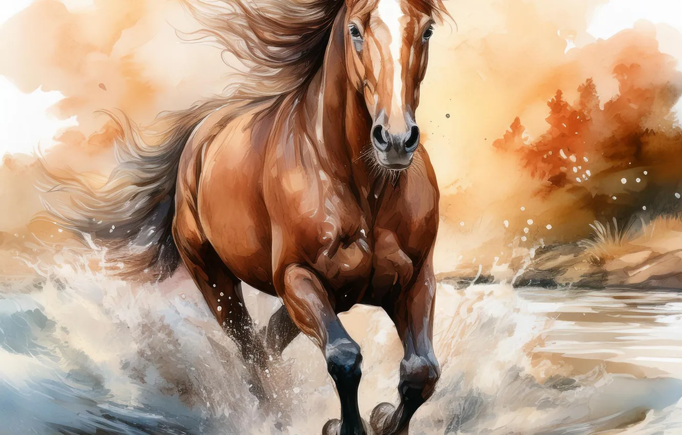 Photo wallpaper sea, look, water, squirt, horse, shore, horse, running