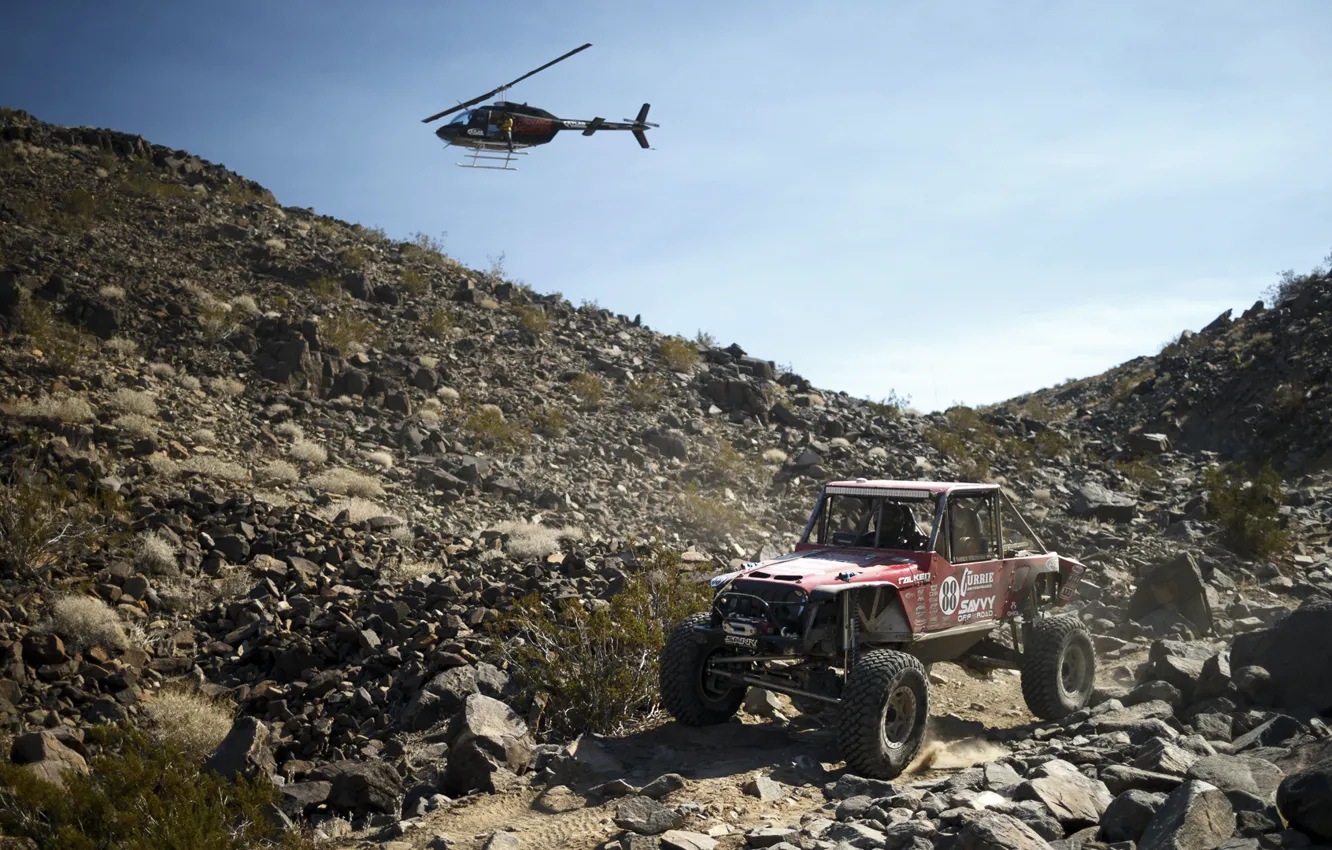 Photo wallpaper desert, jeep, helicopter, desert, jeep