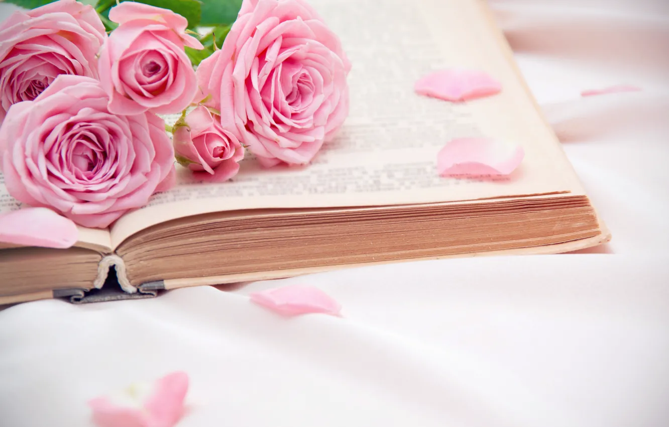 Photo wallpaper roses, petals, book