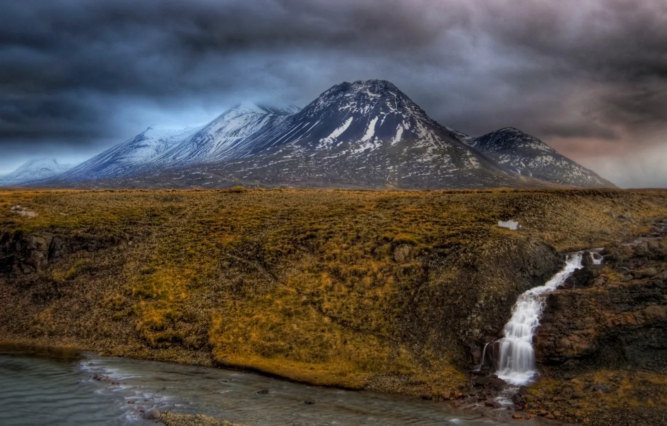 Photo wallpaper the sky, mountains, clouds, river, waterfall, HDR, plateau