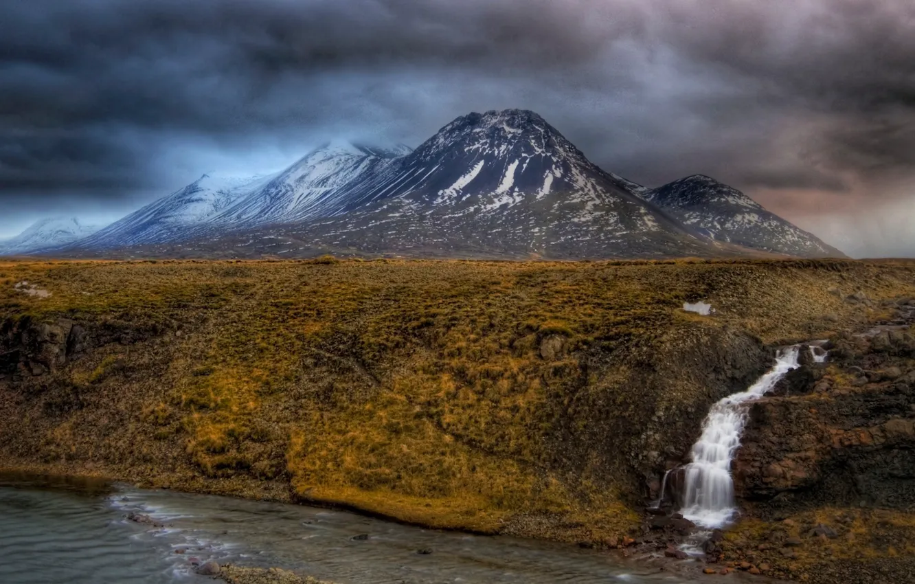 Photo wallpaper the sky, mountains, clouds, river, waterfall, hdr, plateau