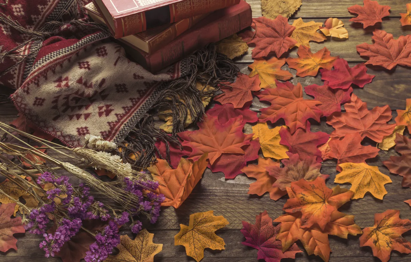 Photo wallpaper autumn, leaves, trees, flowers, background, colorful, book, wood