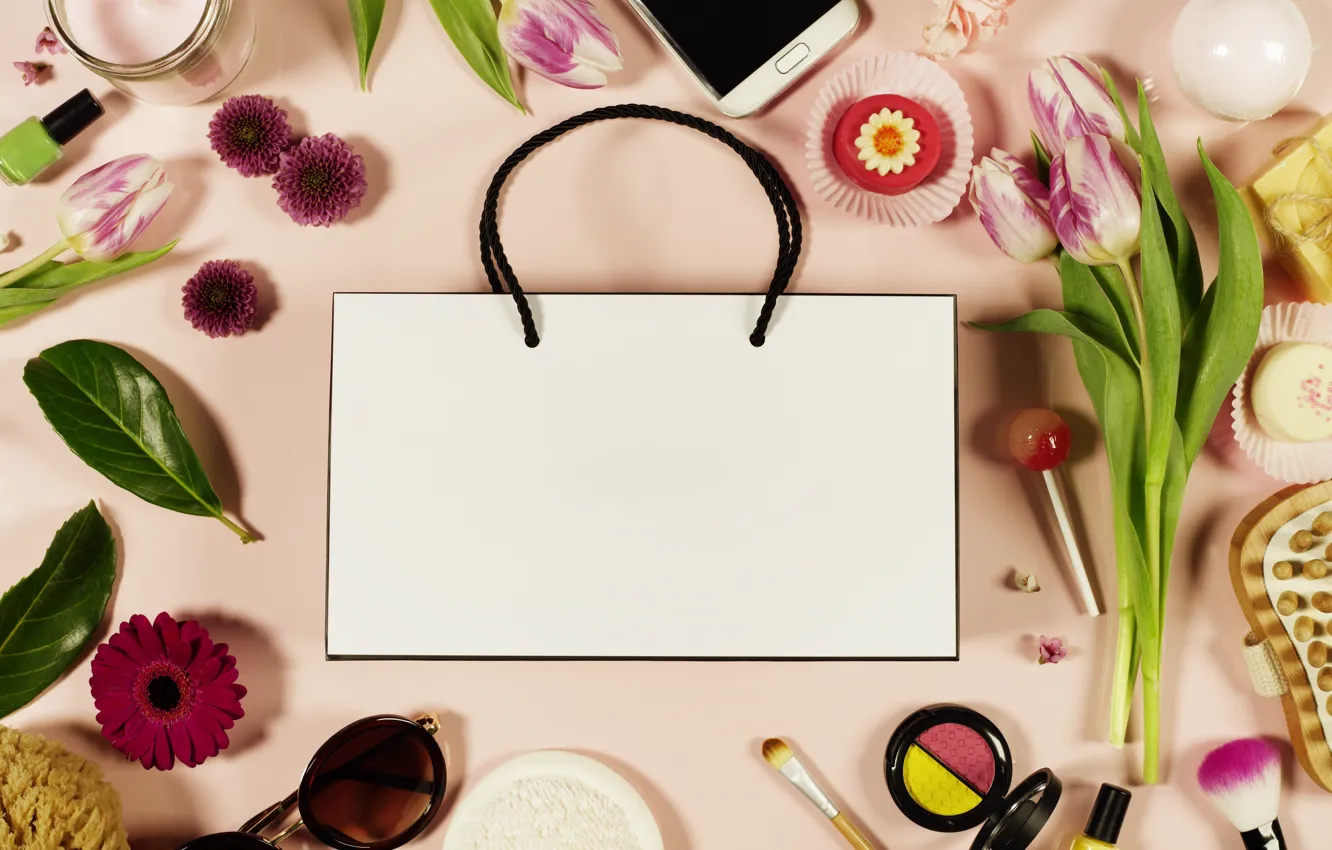 Photo wallpaper flowers, style, background, phone, cake, bag, cosmetics