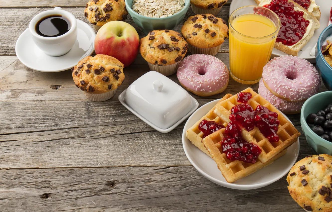 Photo wallpaper coffee, juice, donuts, cakes, cupcakes