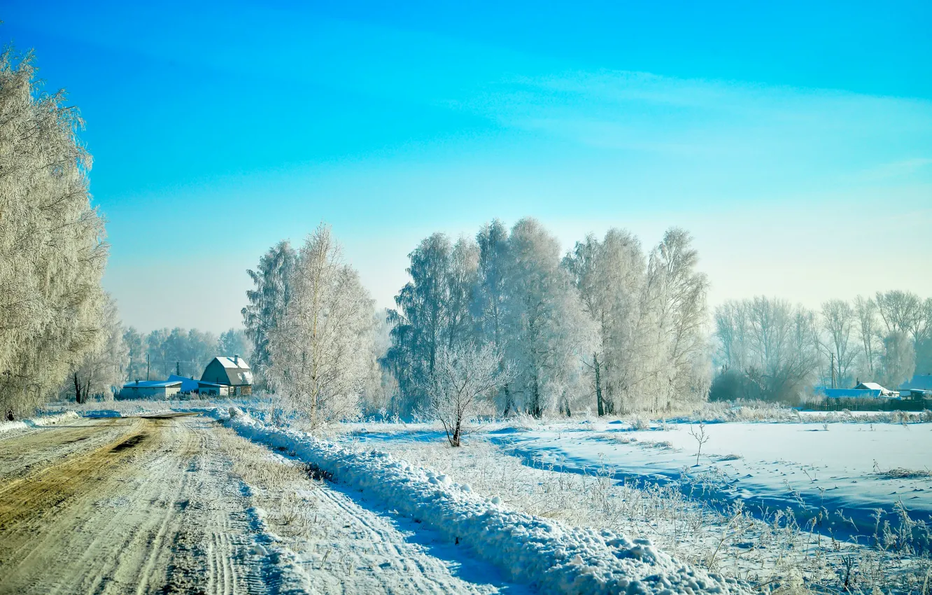 Photo wallpaper winter, frost, road, the sky, snow, trees, Winter, Snow