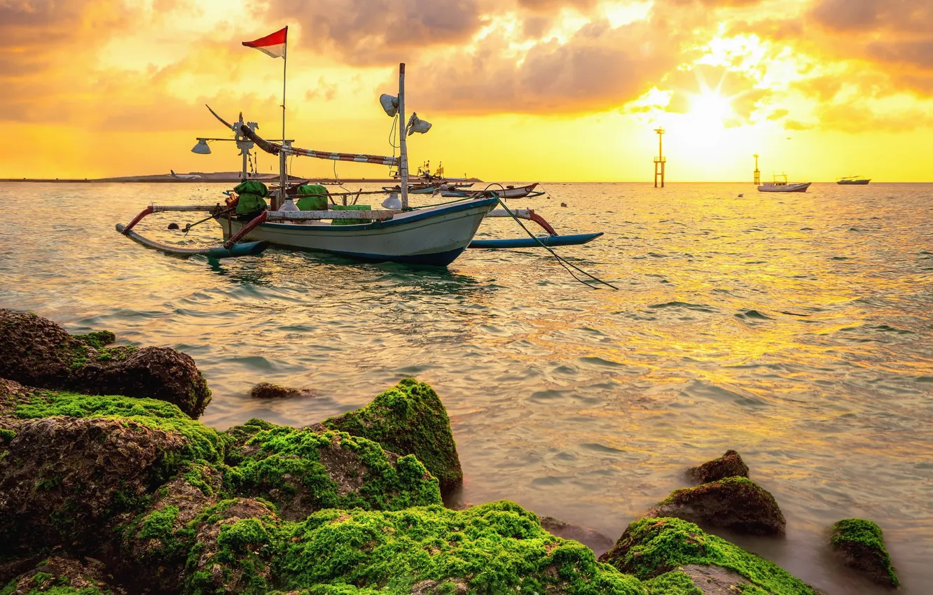 Photo wallpaper sunset, shore, boats