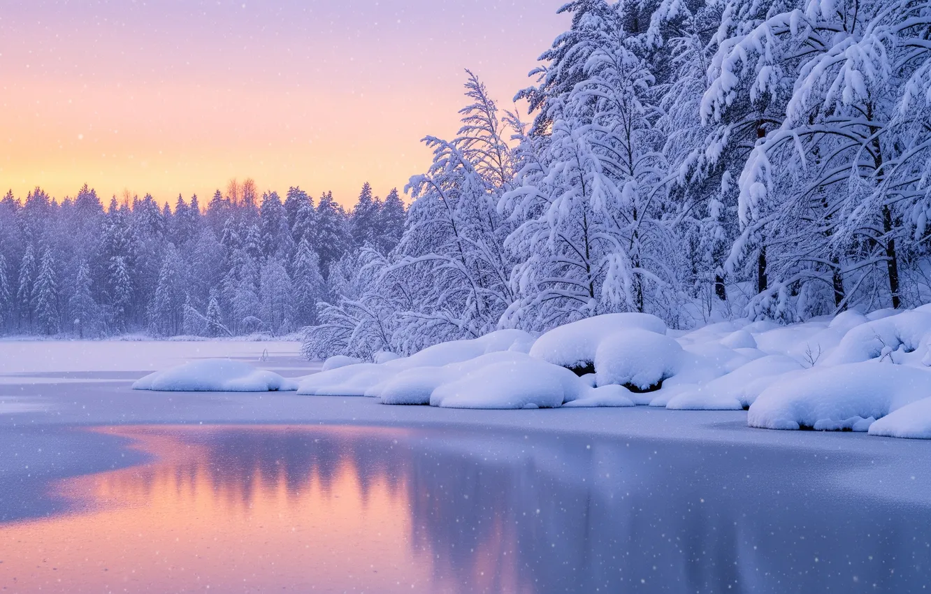 Photo wallpaper winter, forest, snow, sunset, lake