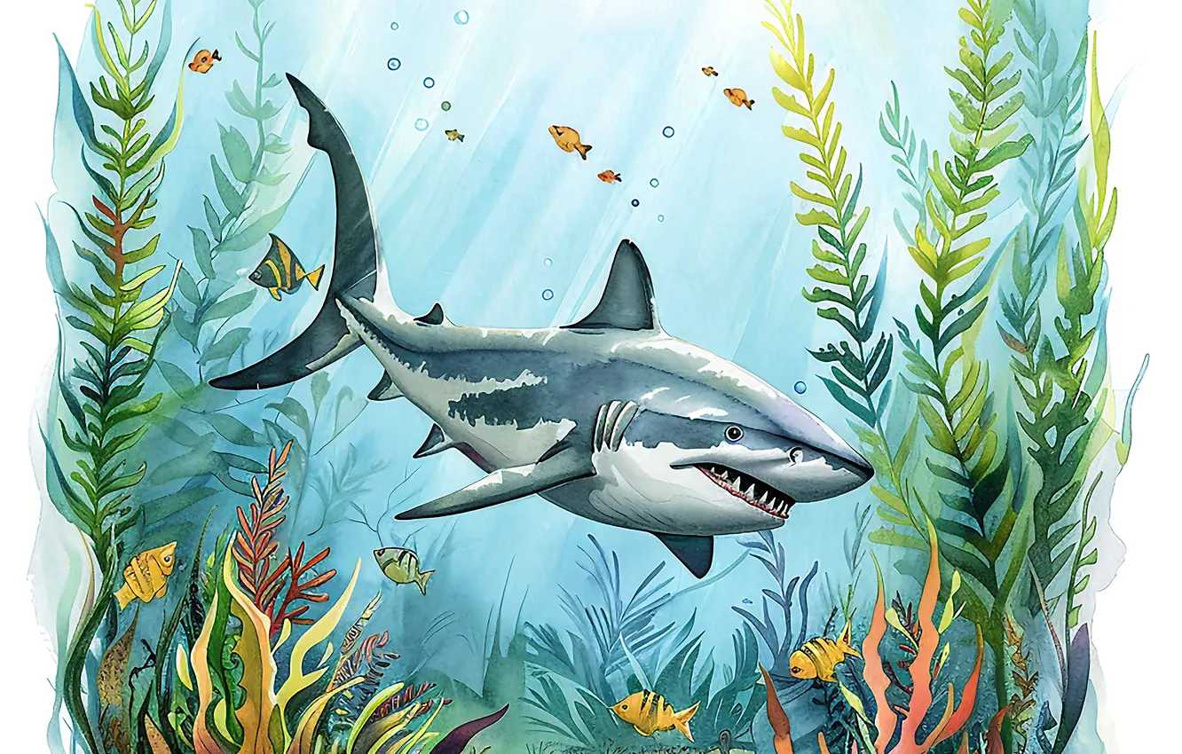 Photo wallpaper algae, fish, predator, shark, underwater world, digital art, imitation painting, AI art