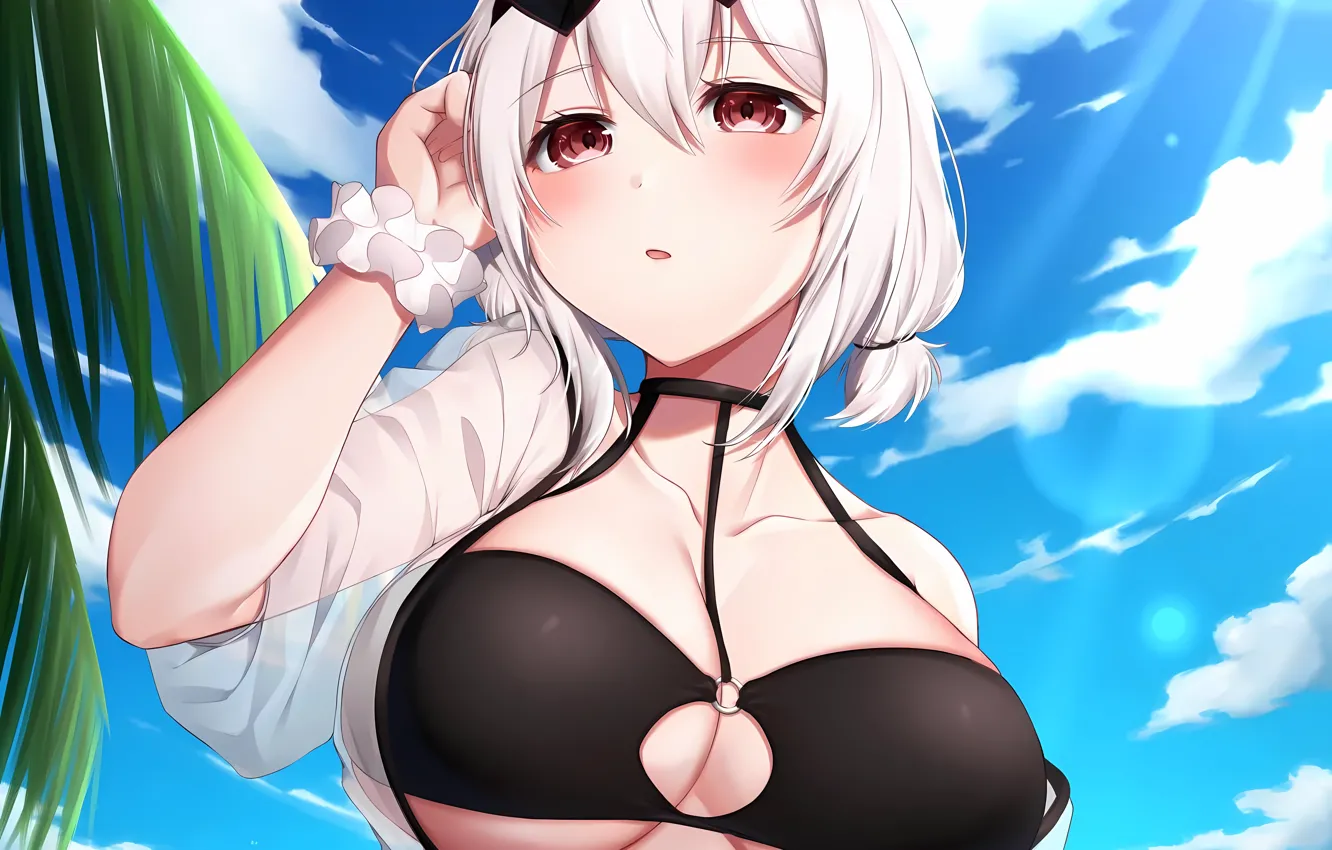 Photo wallpaper girl, sexy, cleavage, sky, boobs, anime, beautiful, red eyes