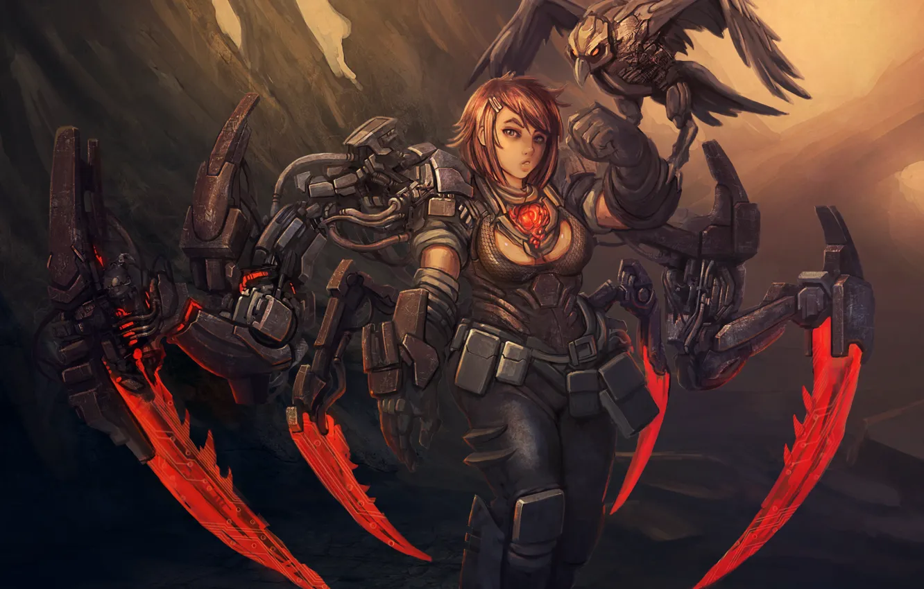 Photo wallpaper girl, stones, fiction, rocks, eagle, figure, spider, art