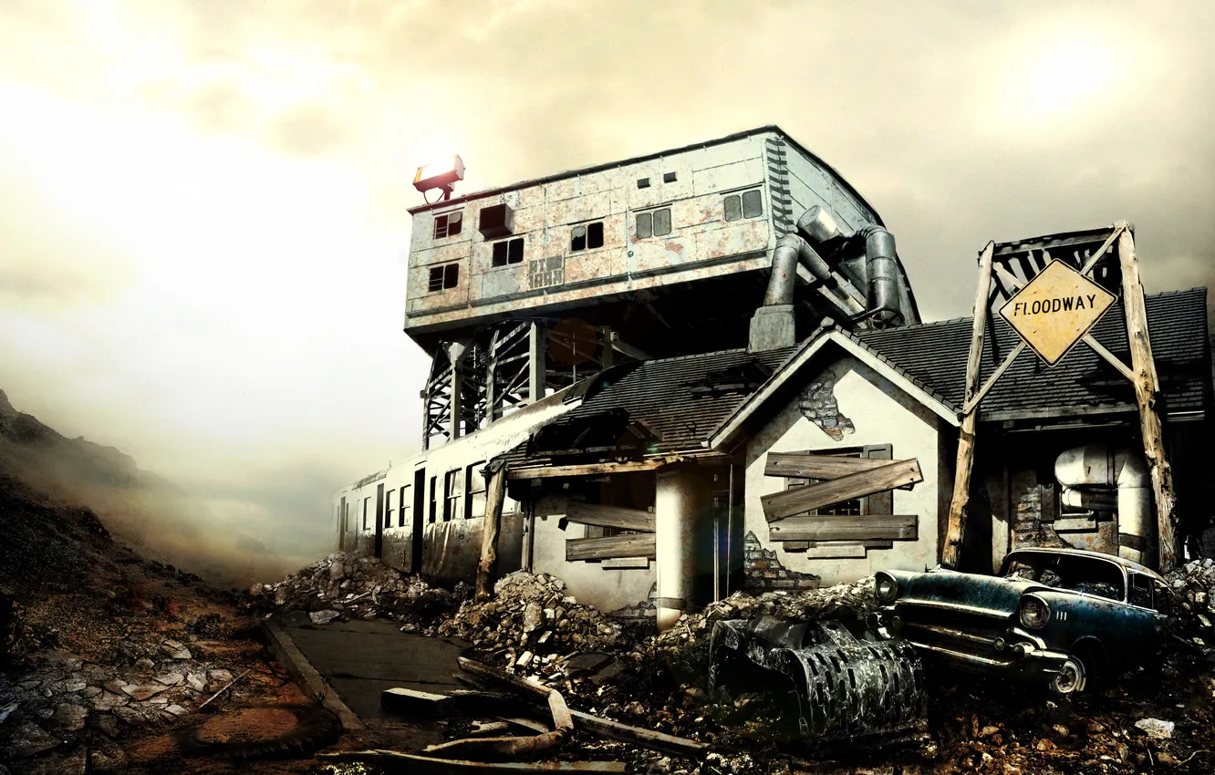 Photo wallpaper road, machine, building, home, art, postapokalipsis, pustosh