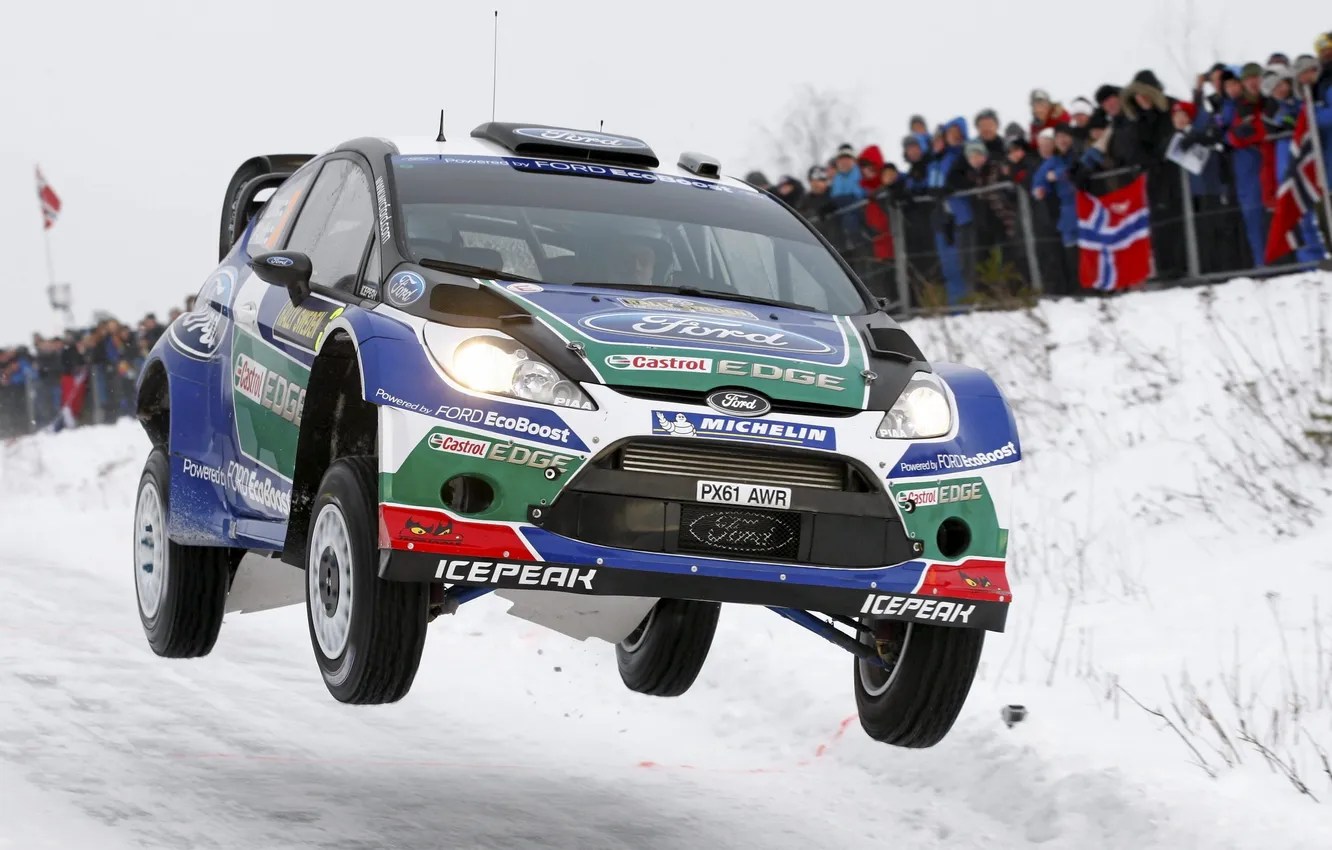 Photo wallpaper winter, snow, flight, lights, Ford, The hood, Ford, WRC