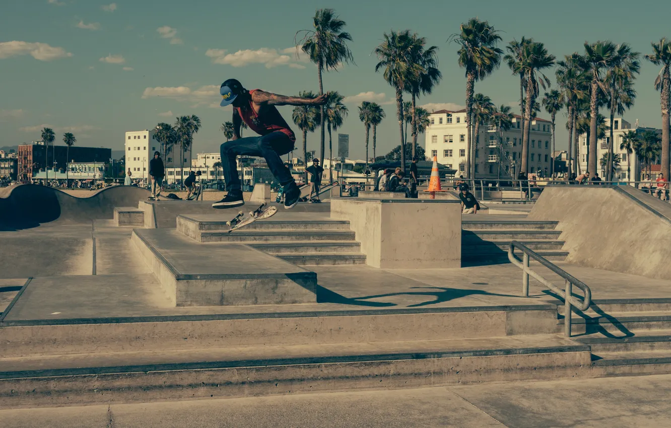 Photo wallpaper the city, palm trees, jump, ladder, skater, Board, skateboard, the trick