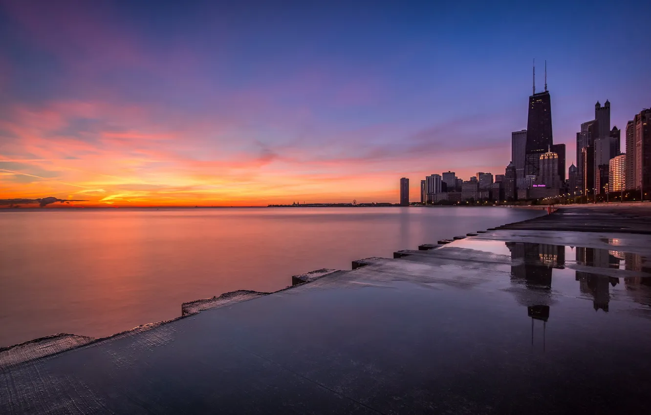 Photo wallpaper Chicago, Illinois, water, lake, sunrise, shore, reflection, Michigan