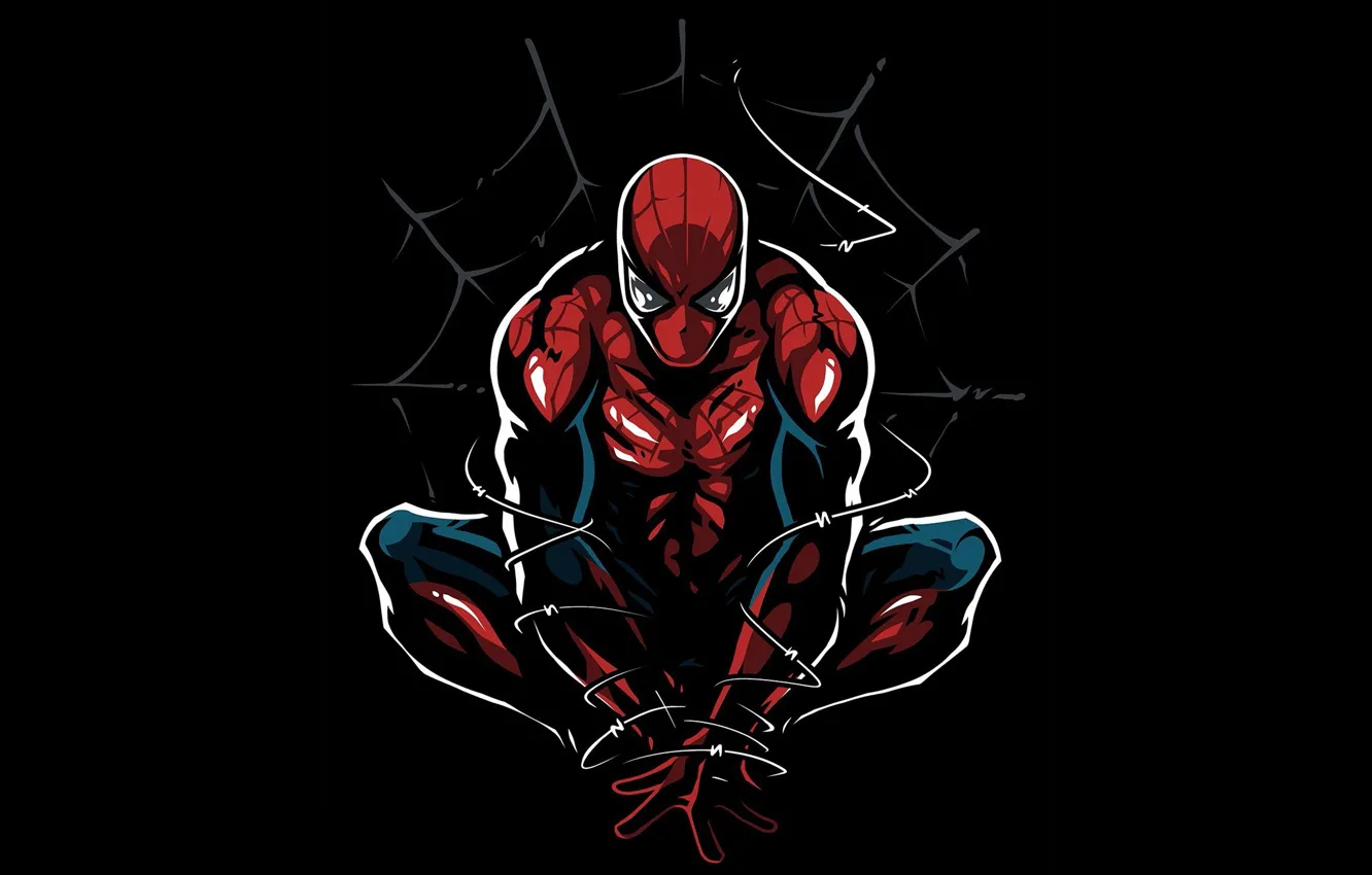 Photo wallpaper figure, web, art, costume, black background, comic, Spider-man, MARVEL