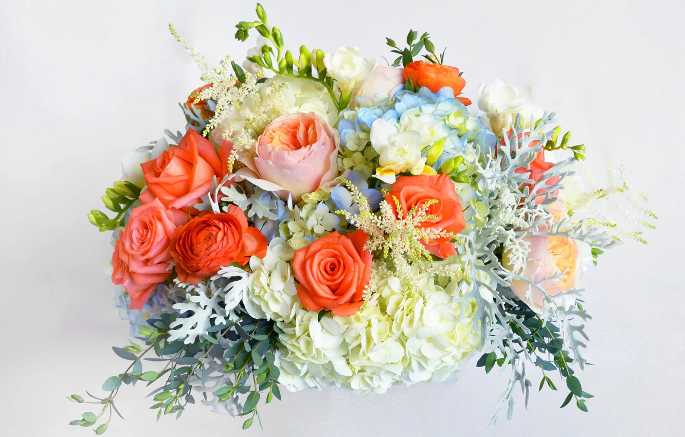 Photo wallpaper flowers, roses, bouquet, rose, flowers, hydrangea, bouquet, freesia