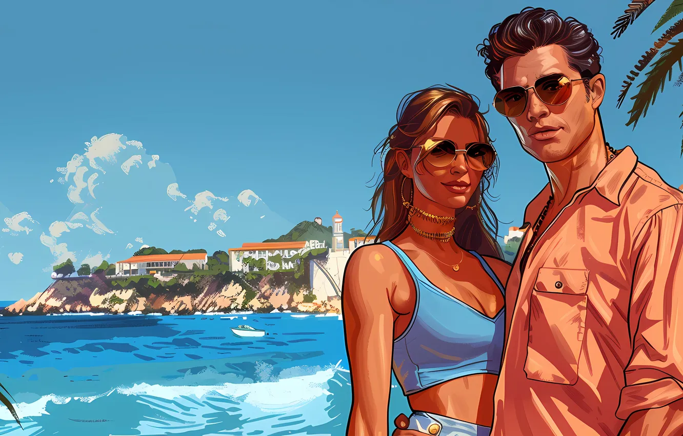 Photo wallpaper sea, girl, clouds, style, retro, palm trees, home, yacht