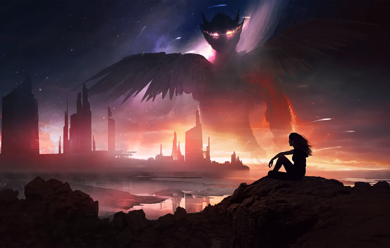 Photo wallpaper the sky, girl, stars, night, the city, river, fantasy, shore