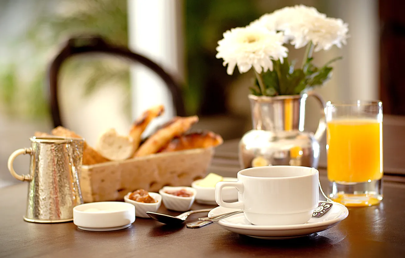 Photo wallpaper good morning, orange juice, breakfast, biscuits