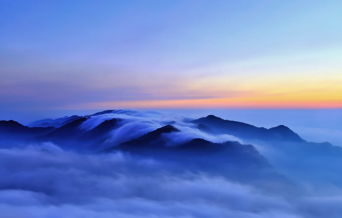 Photo wallpaper clouds, mountains, fog, hills