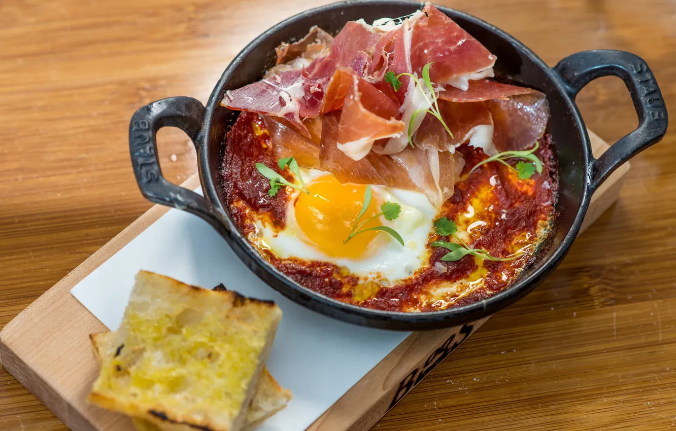Photo wallpaper eggs, bread, meat, dish, toast