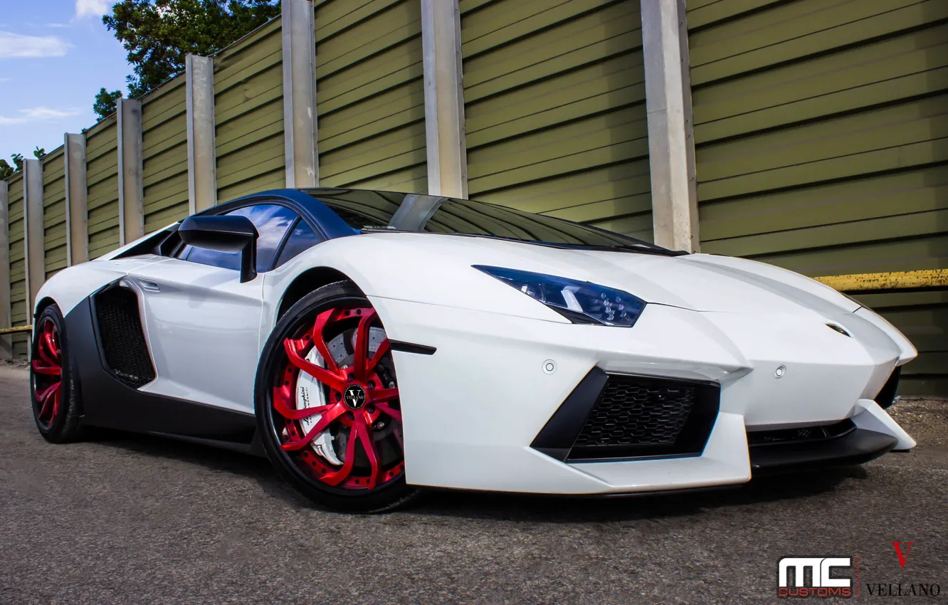 Photo wallpaper Lamborghini, red, white, wheels, aventador, vellano