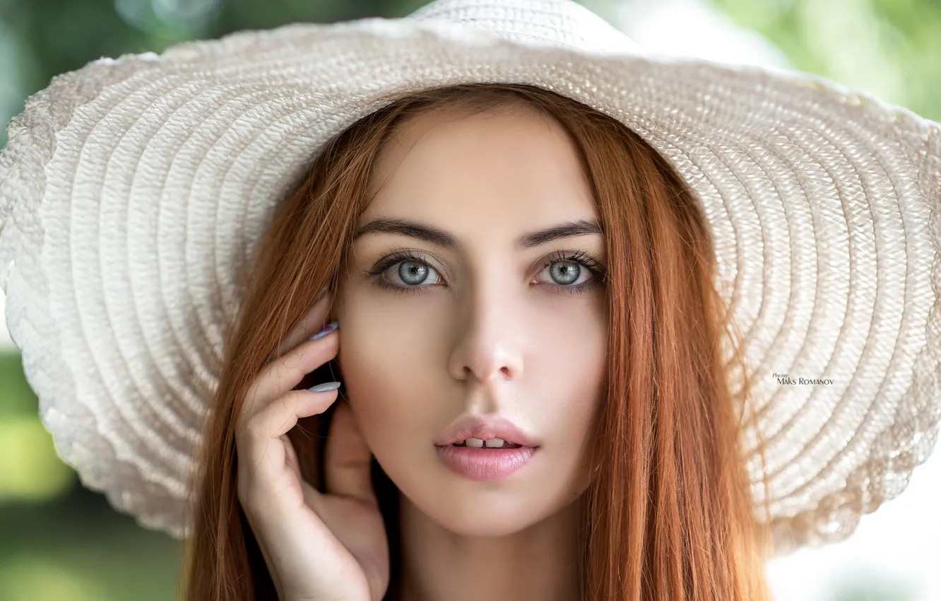 Photo wallpaper white, look, close-up, face, model, portrait, hat, makeup