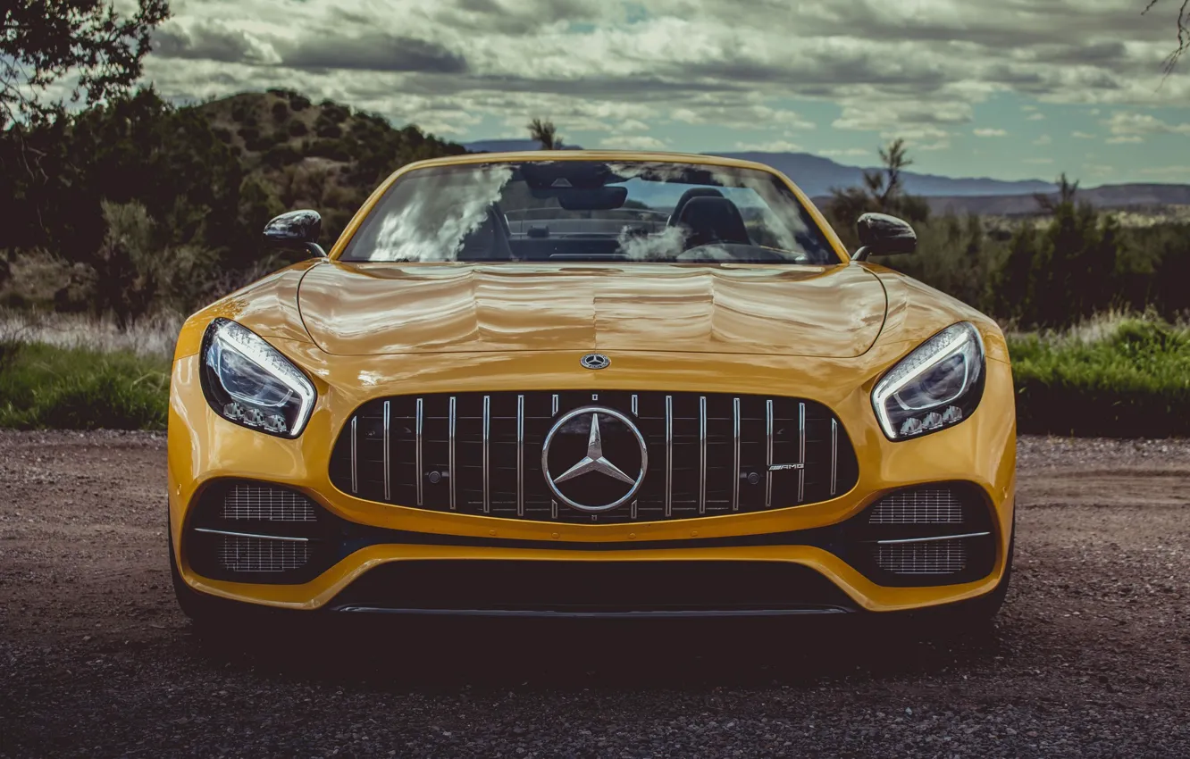 Photo wallpaper car, Roadster, Mercedes, logo, yellow, Mercedes Amg, Mercedes Amg Gt Roadster, Mercedes Amg Gt