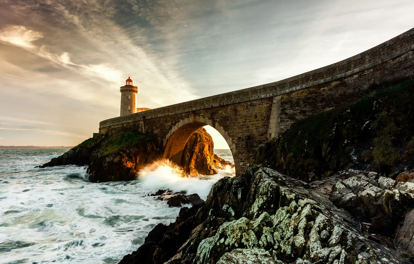 Photo wallpaper sea, bridge, rocks, lighthouse
