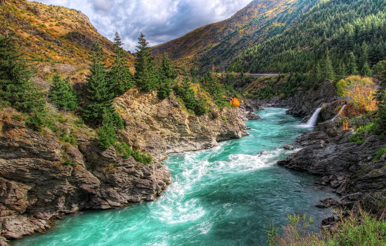 Photo wallpaper mountains, river, stones, New Zealand, trees.