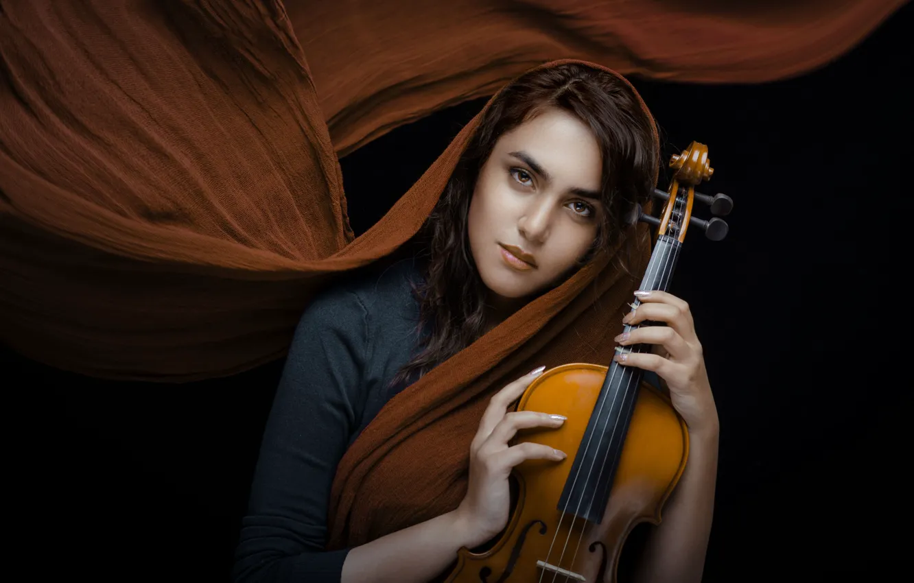 Photo wallpaper look, girl, mood, violin, black background, shawl, Shima Yadollahi