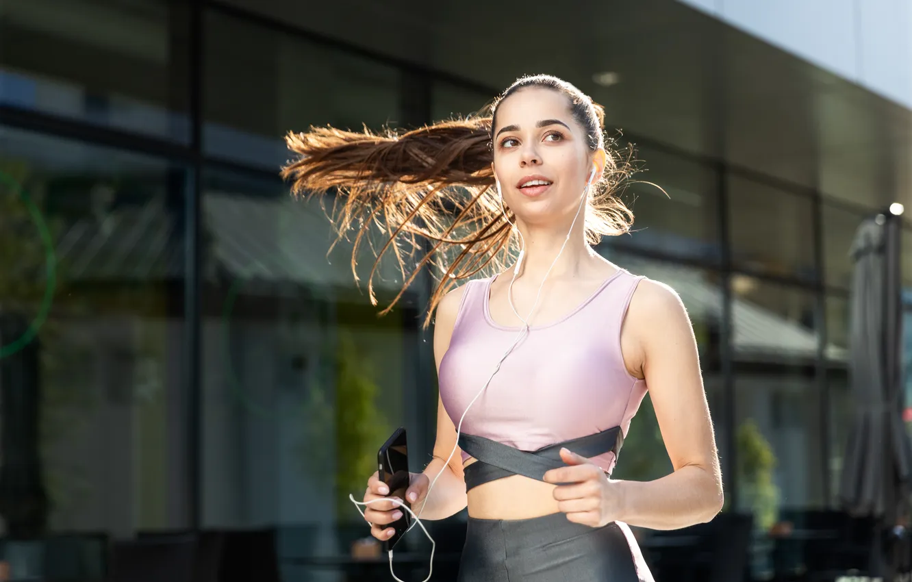 Photo wallpaper girl, headphones, sports, smartphone, running