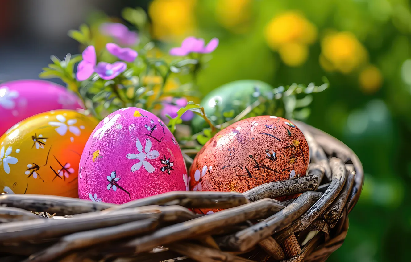 Photo wallpaper flowers, eggs, spring, colorful, Easter, flowers, spring, Easter