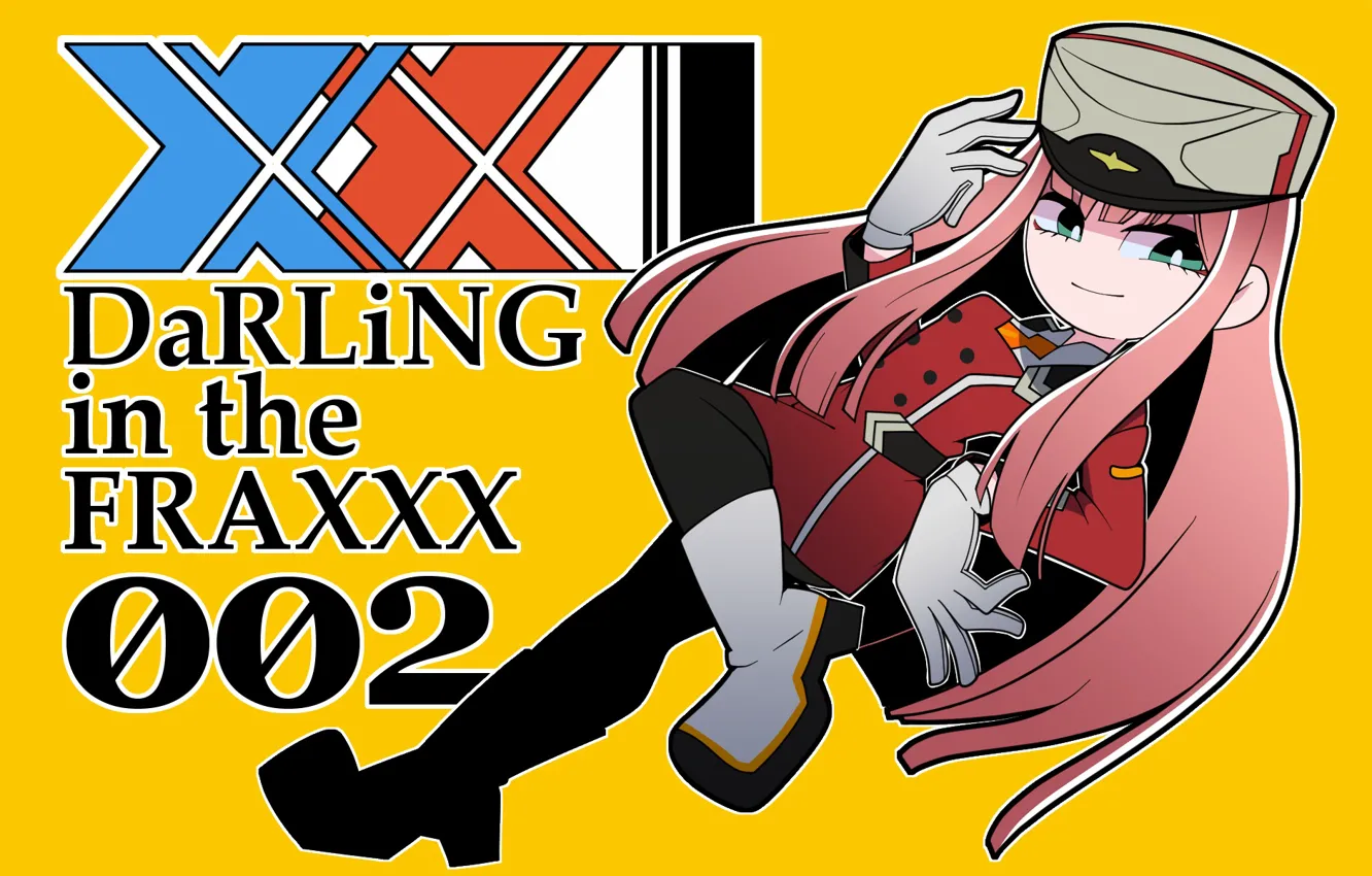 Photo wallpaper girl, yellow background, 002, Darling In The Frankxx, Cute in France, Zero Two