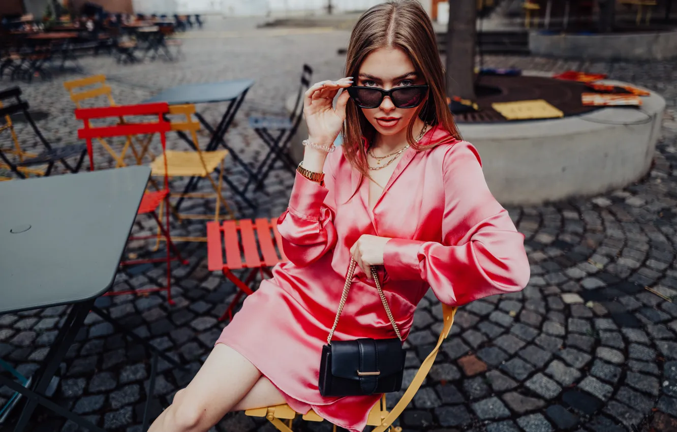 Photo wallpaper girl, pose, glasses, chair, handbag, pink dress, Andreas-Joachim Lins, Lena Held