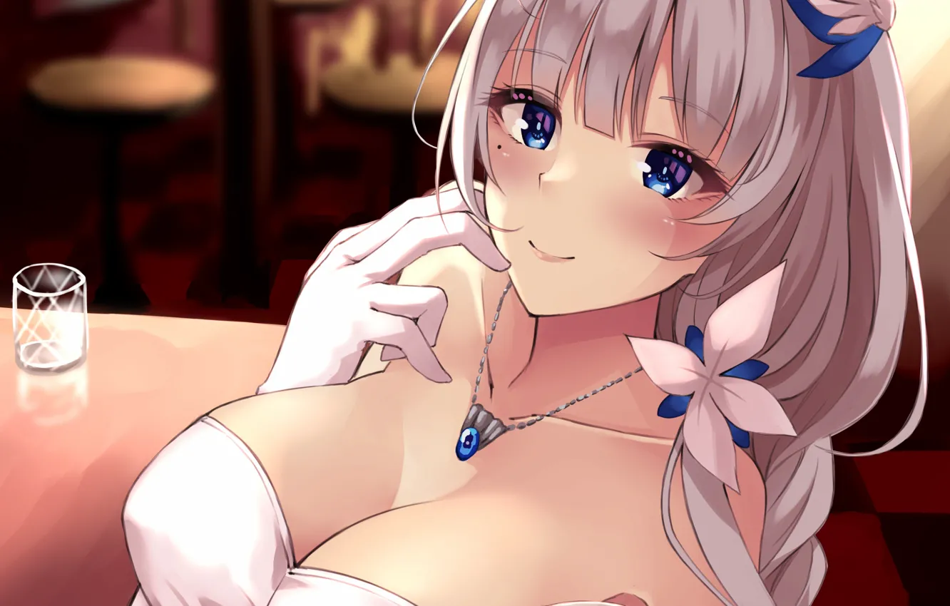 Photo wallpaper girl, sexy, cleavage, blouse, long hair, boobs, anime, blue eyes