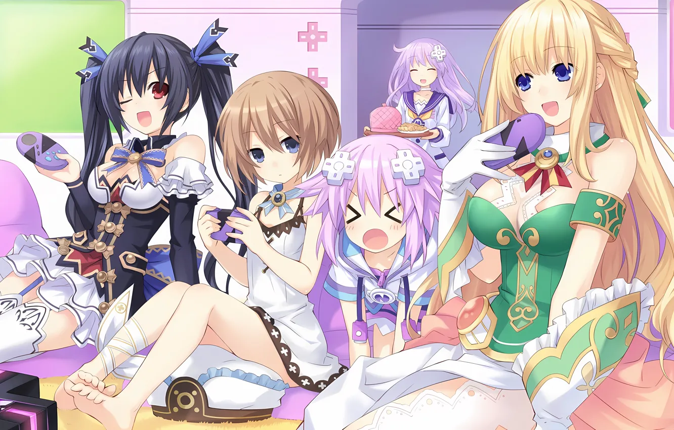 Photo wallpaper sexy, cleavage, blouse, thighhighs, pink hair, long hair, dress, legs