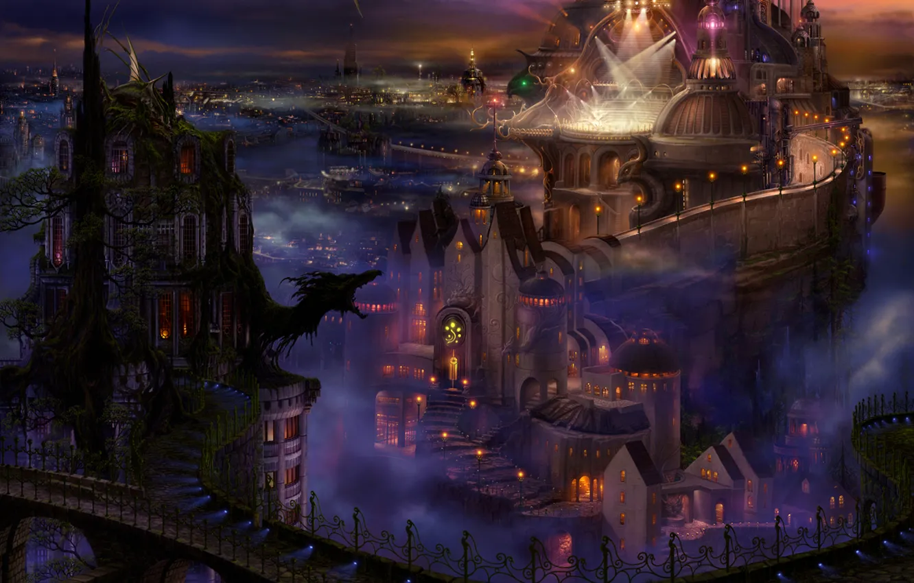 Photo wallpaper road, lights, castle, dragon, silhouette, art, Palace, ucchiey