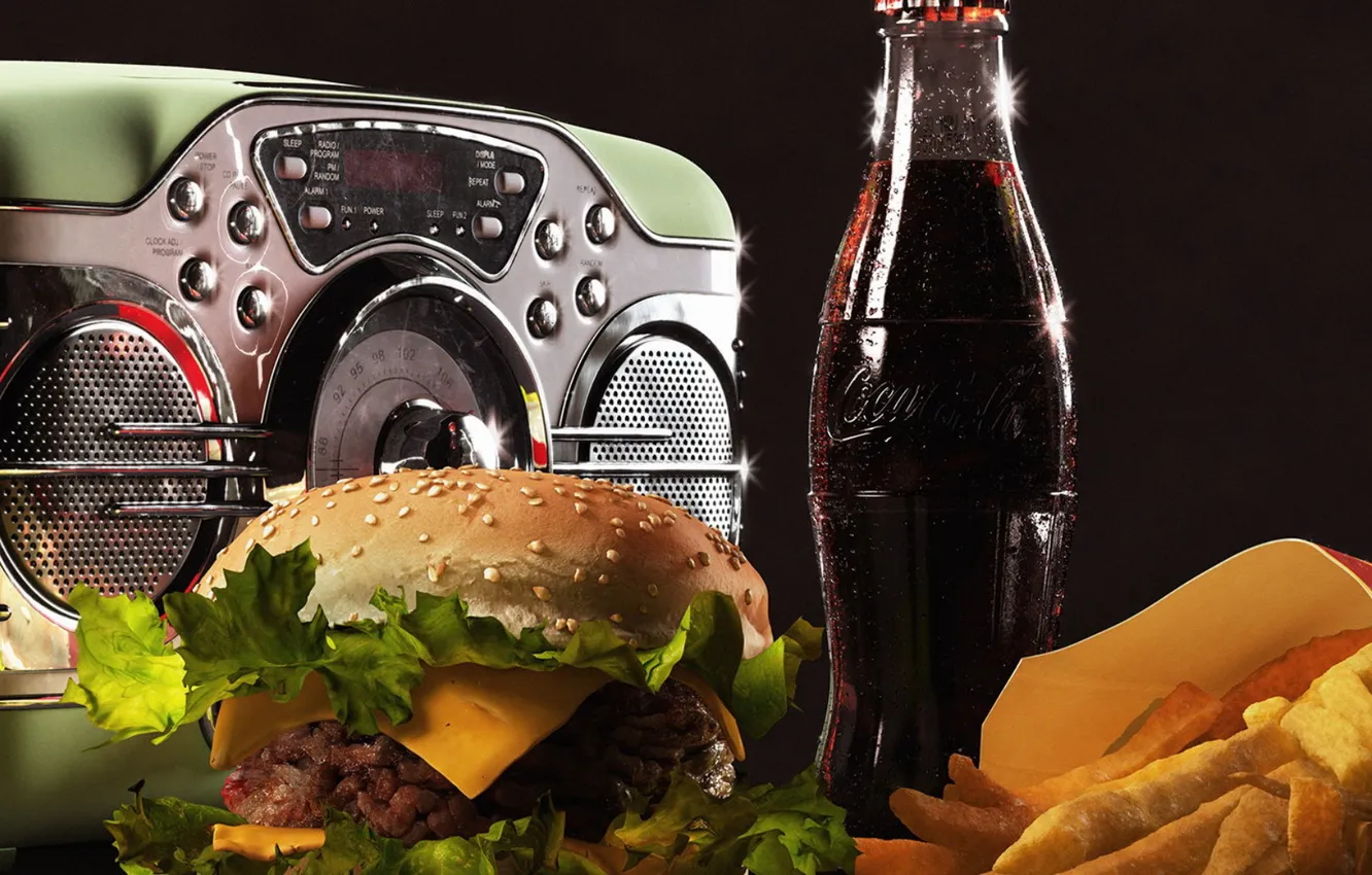Photo wallpaper coca-cola, hamburger, radio, fried potatoes