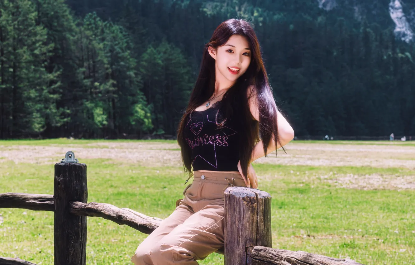 Photo wallpaper trees, woman, smile, beautiful, model, pretty, fence, asian