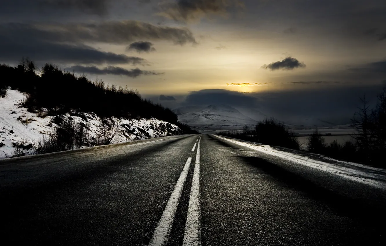 Photo wallpaper winter, road, dawn