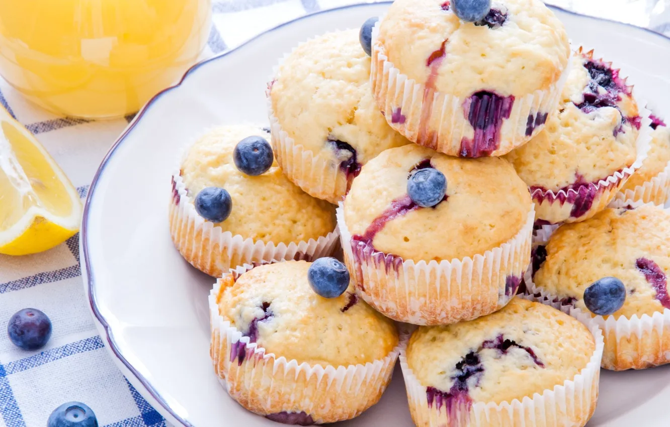 Photo wallpaper lemon, food, blueberries, juice, sweet, cupcakes