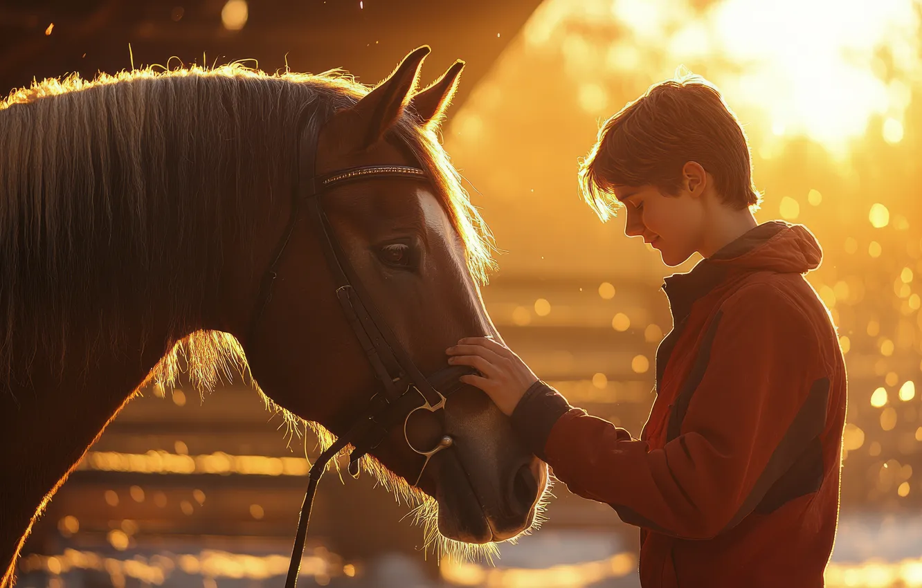 Photo wallpaper light, horse, horse, boy, profile, weasel, guy, friends