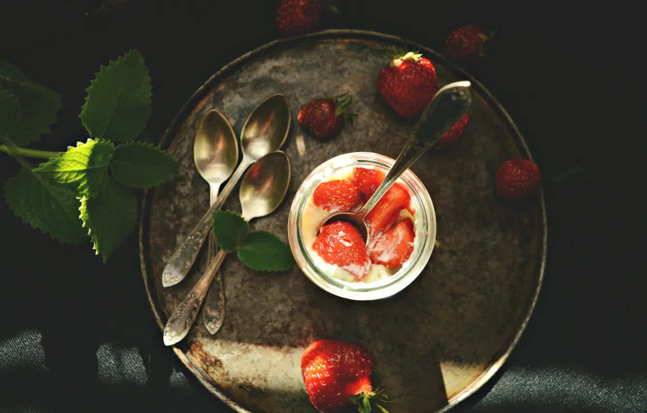 Photo wallpaper strawberry, spoon, strawberries