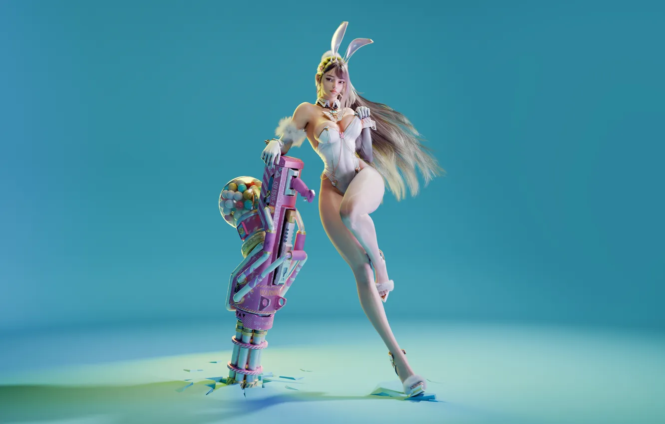 Photo wallpaper colorful, gun, CGI, Bunny Girl, skimpy clothes, Lou LL