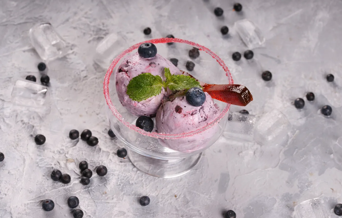 Photo wallpaper blueberries, ice cream, mint, dessert, delicious
